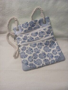 Excellent Condition Blue and White Crossbody Bag With Seashells and Rope Strap